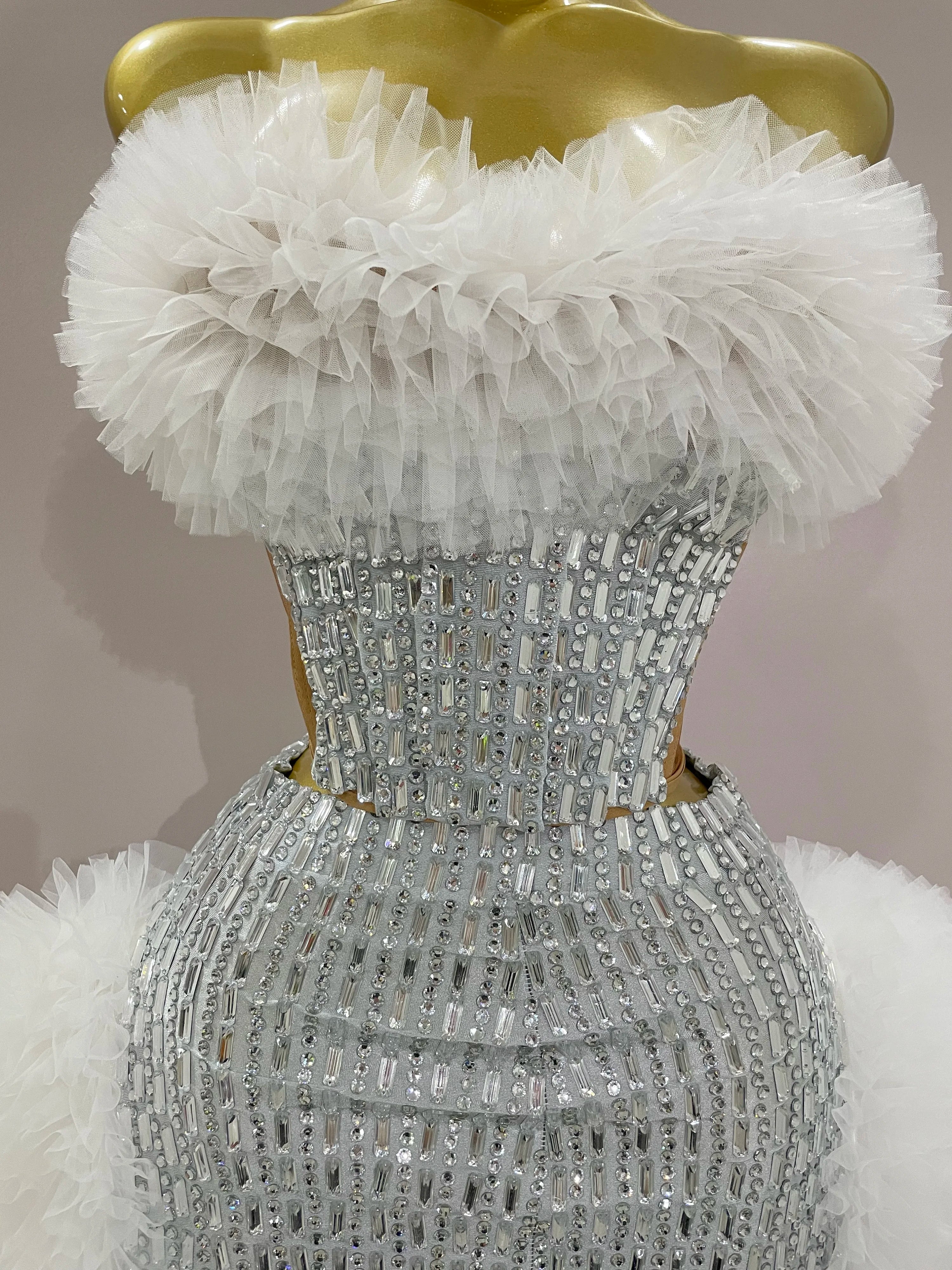 Sparkly Rhinestone Sexy Strapless Tops Skirt 2 PCS Set 2025 Women Celebrate Evening Prom Birthday Dress Nightclub Stage Outfit