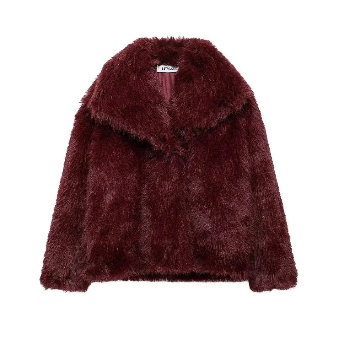 Women's Artificial Fur Coat Winter New Style Collar Stand up Windproof Effect Cross-Border Fashion Outerwear 4360240 Dark red