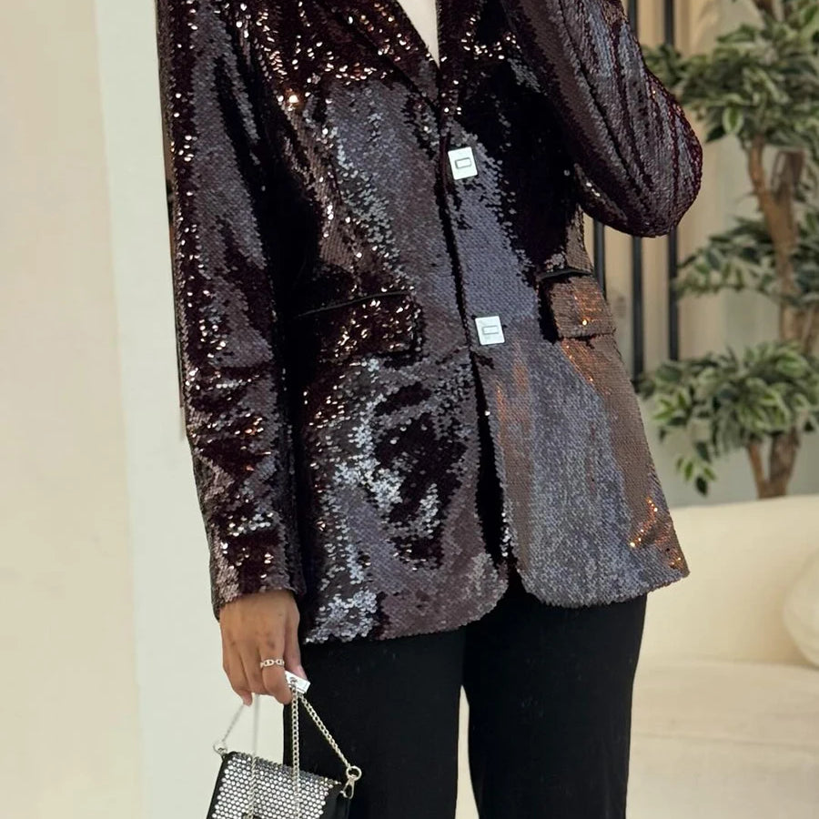 Solid Slimming Spliced Sequins Blazer for Women Lapel Long Sleeves Patchwork Pockets Coat Female Fashion Clothing