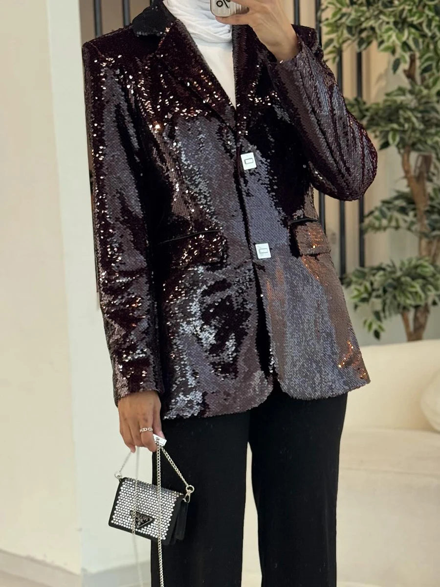 Solid Slimming Spliced Sequins Blazer for Women Lapel Long Sleeves Patchwork Pockets Coat Female Fashion Clothing