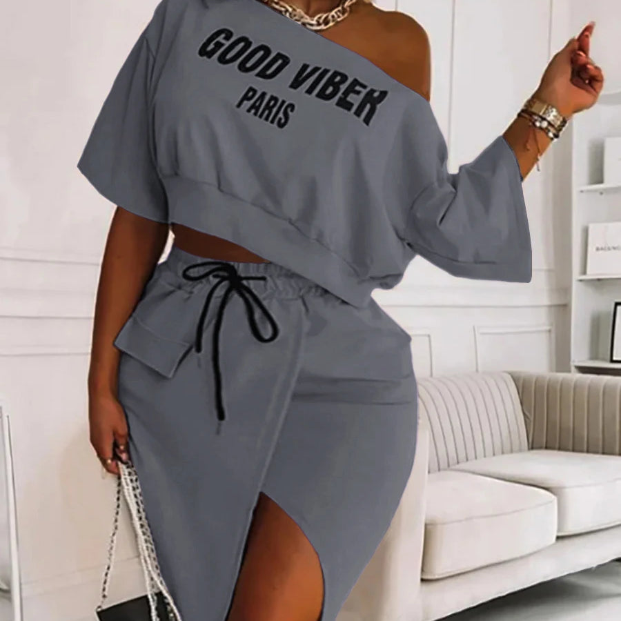 LW Plus Size Two Piece Good Viber One Shoulder Letter Print Set Crop Top+High Split Skirt Elegant Matching Outfits For Women GRAY