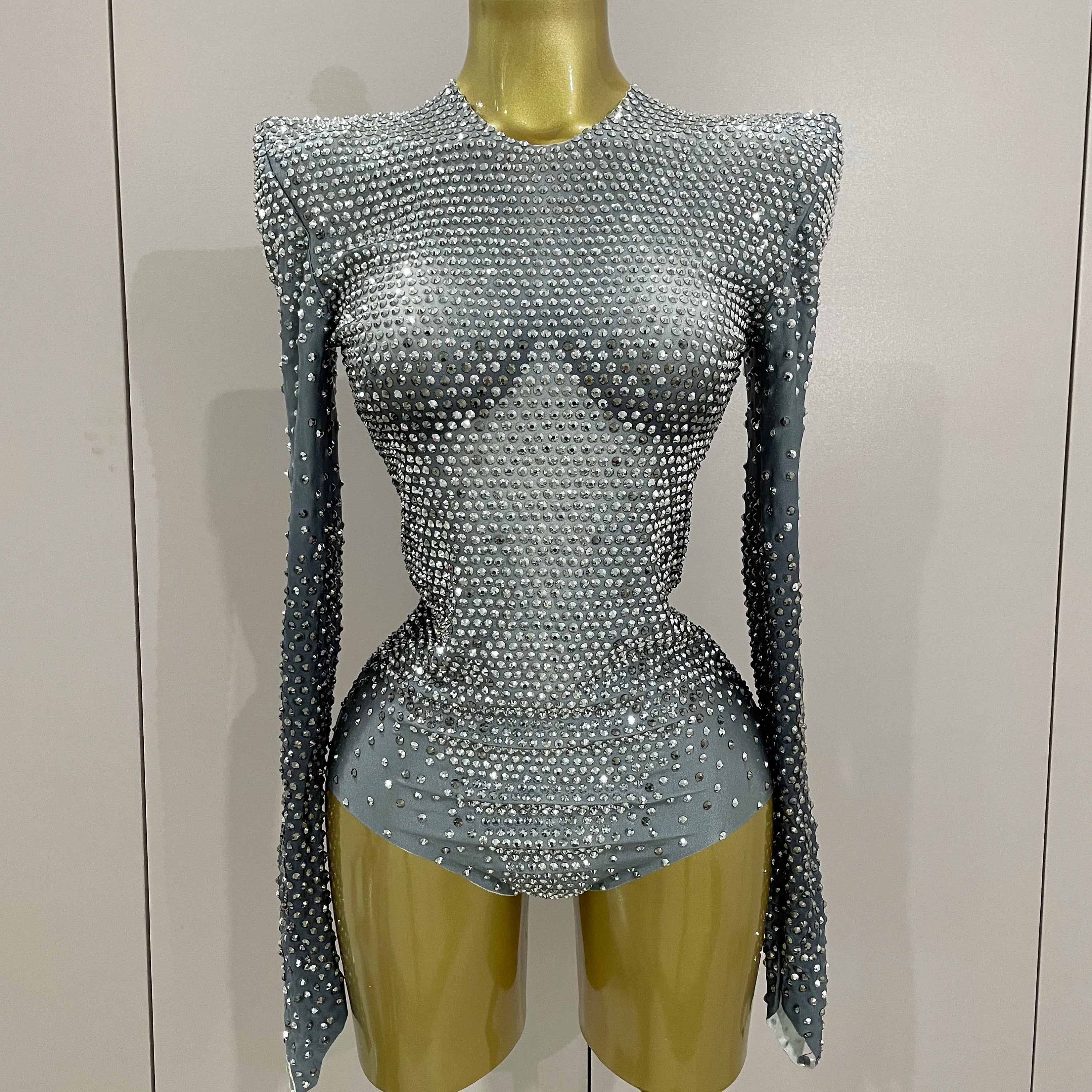 Sparkle Silver Rhinestones Long Sleeve Stretch Bodysuits 2025 New Women Evening Luxury Birthday Party Sexy Nightclub Stage Costu Silver