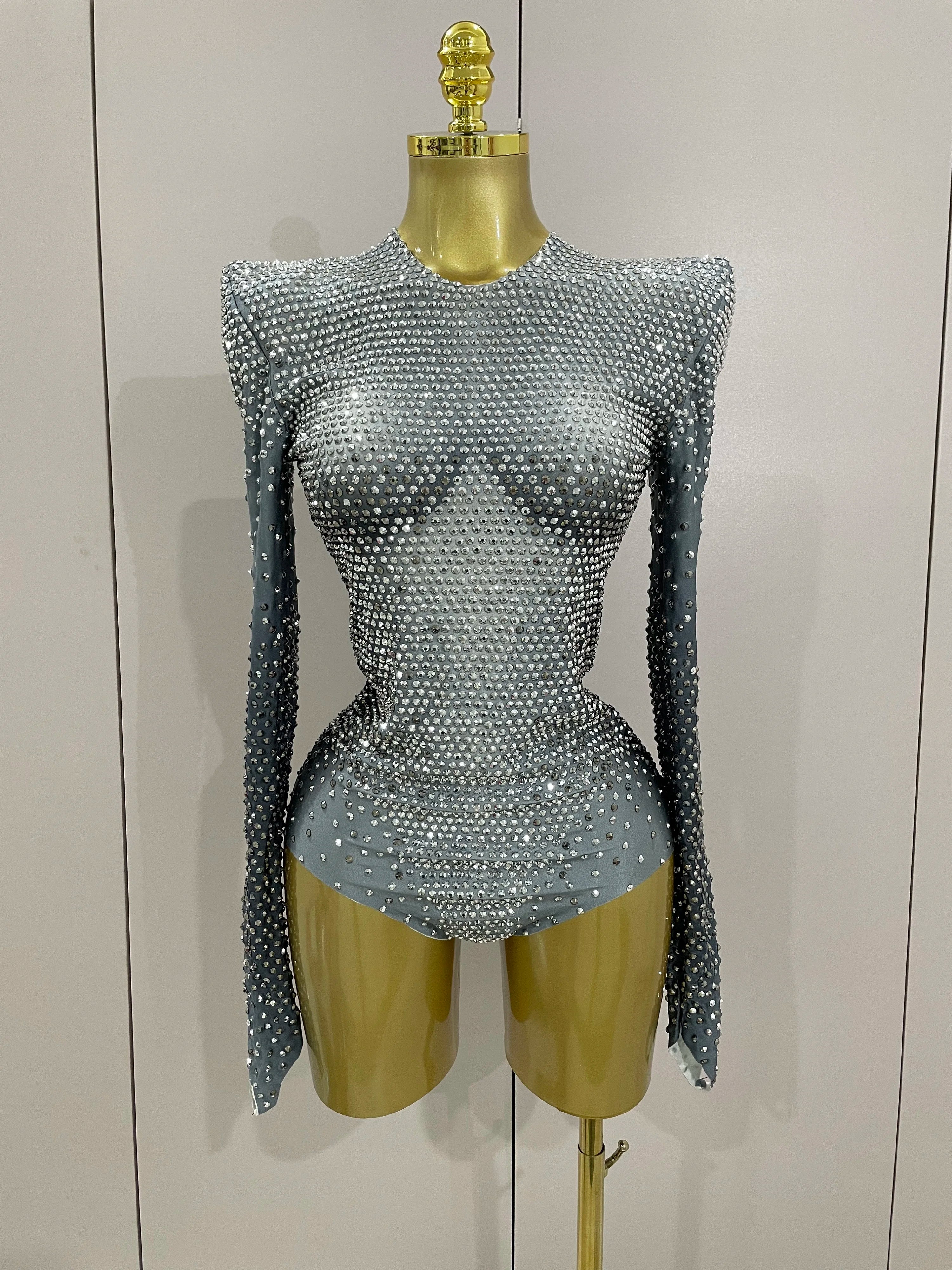 Sparkle Silver Rhinestones Long Sleeve Stretch Bodysuits 2025 New Women Evening Luxury Birthday Party Sexy Nightclub Stage Costu Silver