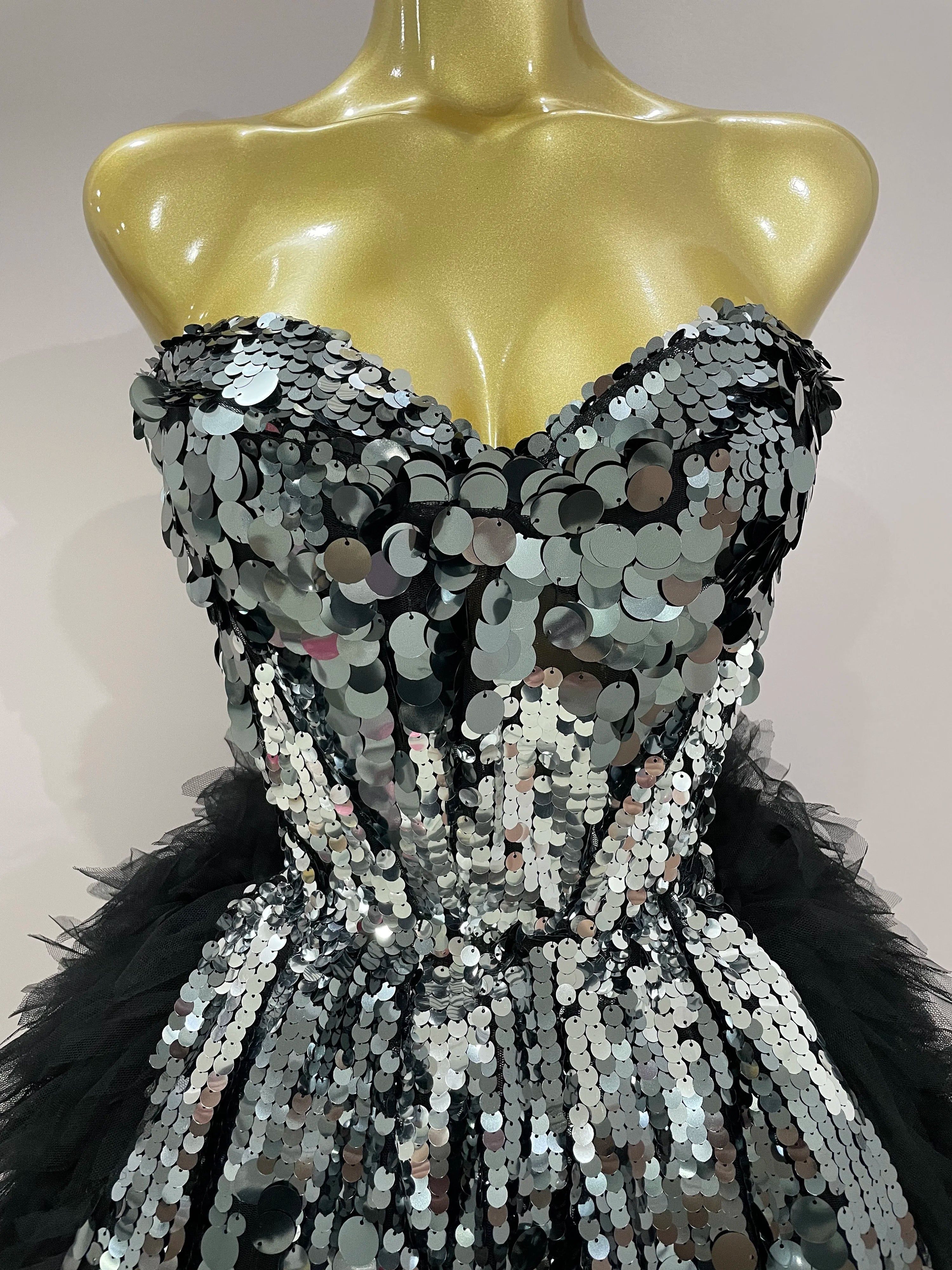 Sparkly Black Sequins Two Pieces Set 2025 Women Party Evening Prom Celebrate Birthday Dress Nightclub Photo Shoot Stage Costume