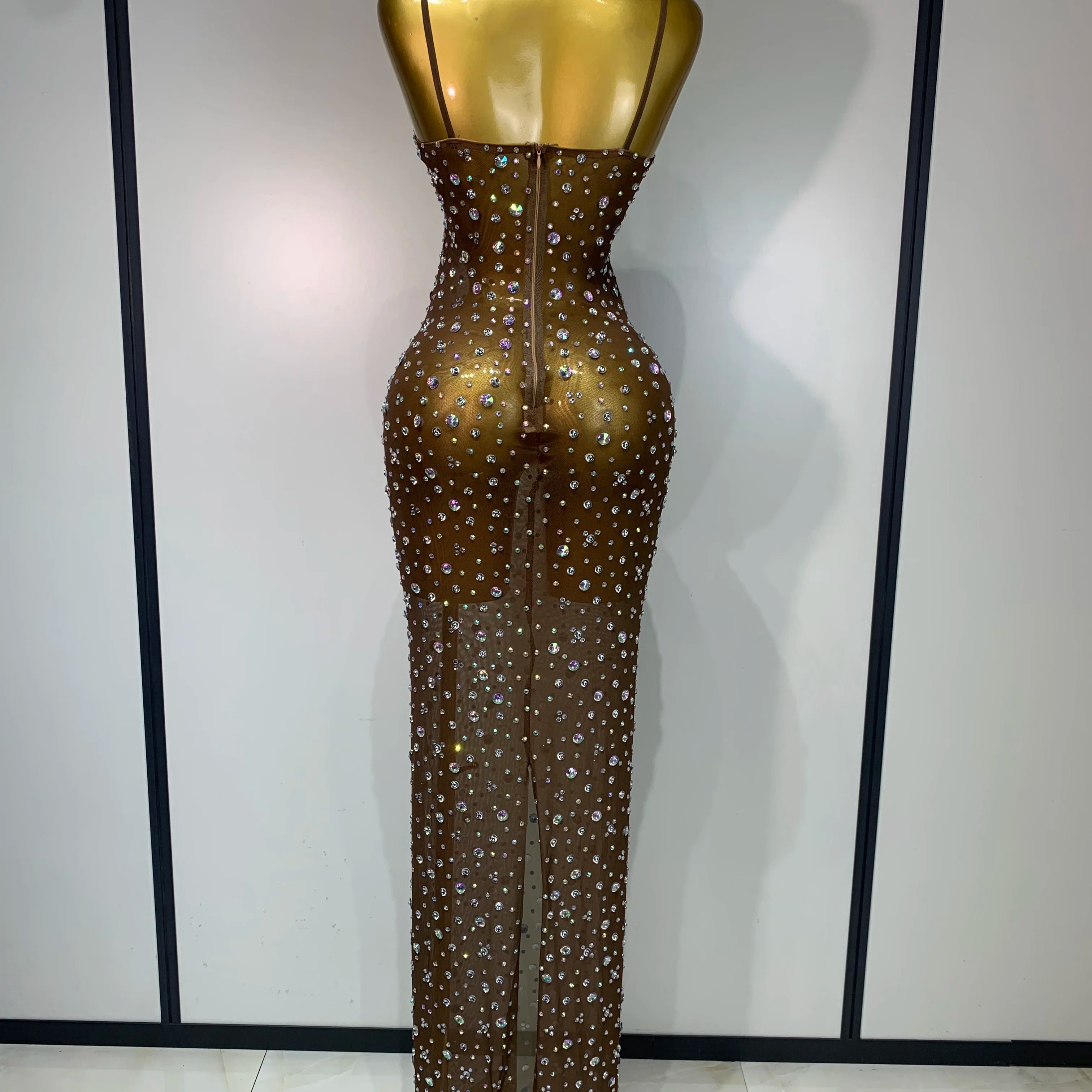 Sparkly Rhinestone Stretchy Mesh See Through Dress Women 2025 Performance Dancer Costume Luxury Birthday Nightclub Stage Outfit