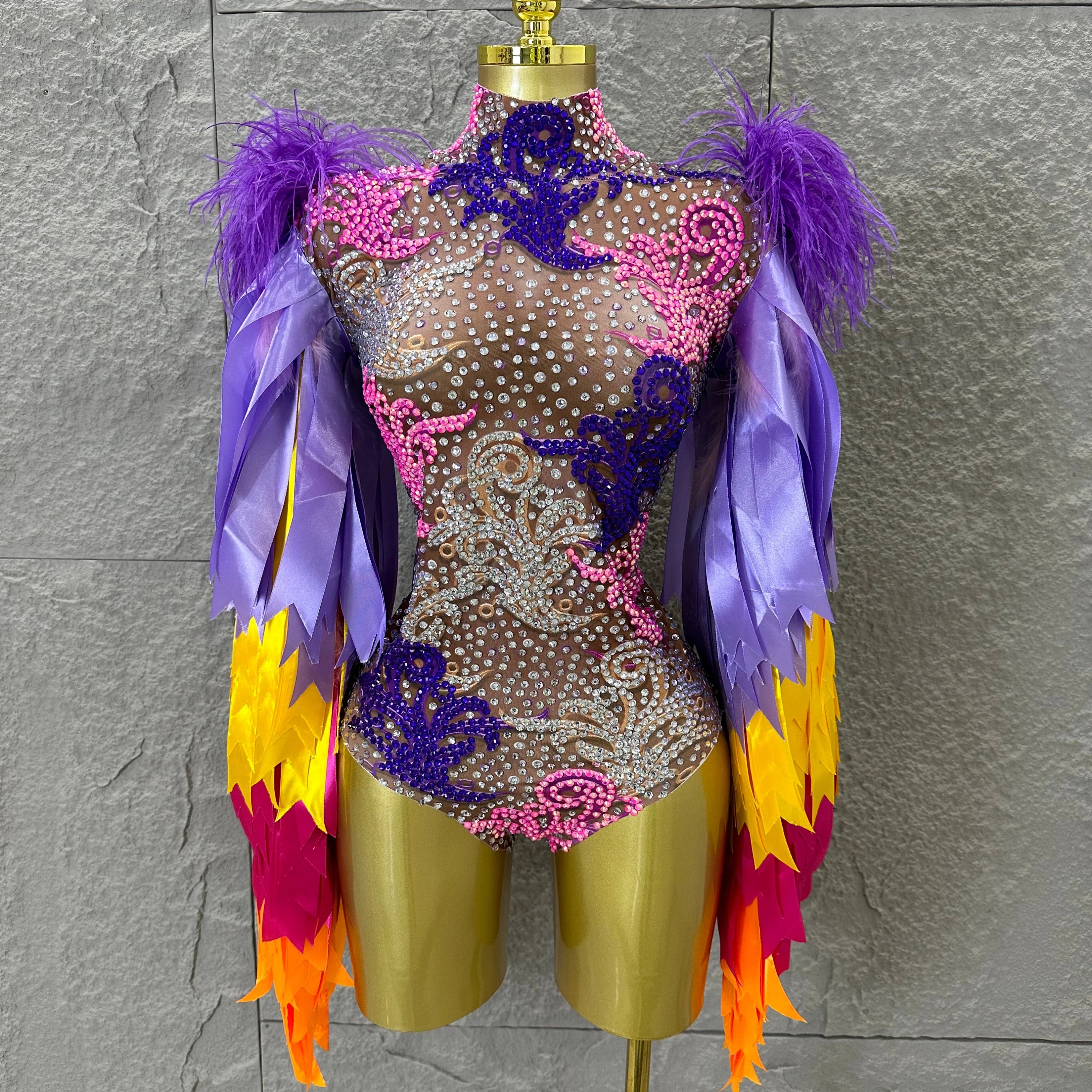 Sexy 2026 High Neck Sheer Mesh Bodysuit Women Purple Pink Crystal Fringe Long Sleeve Outfit Luxury Drag Queen Costume MULTI