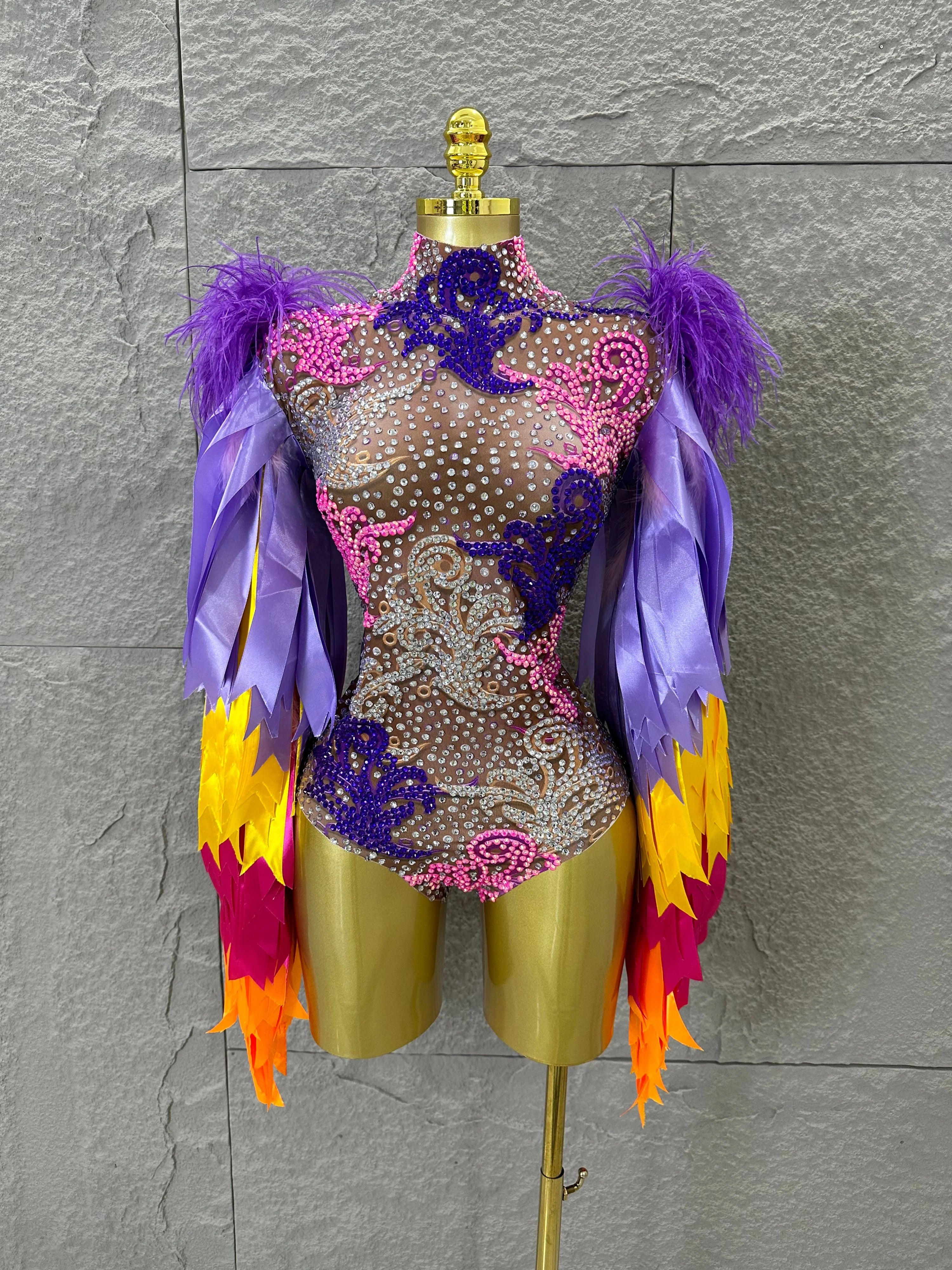 Sexy 2026 High Neck Sheer Mesh Bodysuit Women Purple Pink Crystal Fringe Long Sleeve Outfit Luxury Drag Queen Costume MULTI
