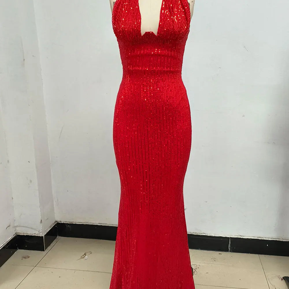 2024 Sexy Women's Maxi Red Sparkle Dress with Hanging Neck Sleeveless Bodycon Backless Long Dresses Evening Club Party Vestidos