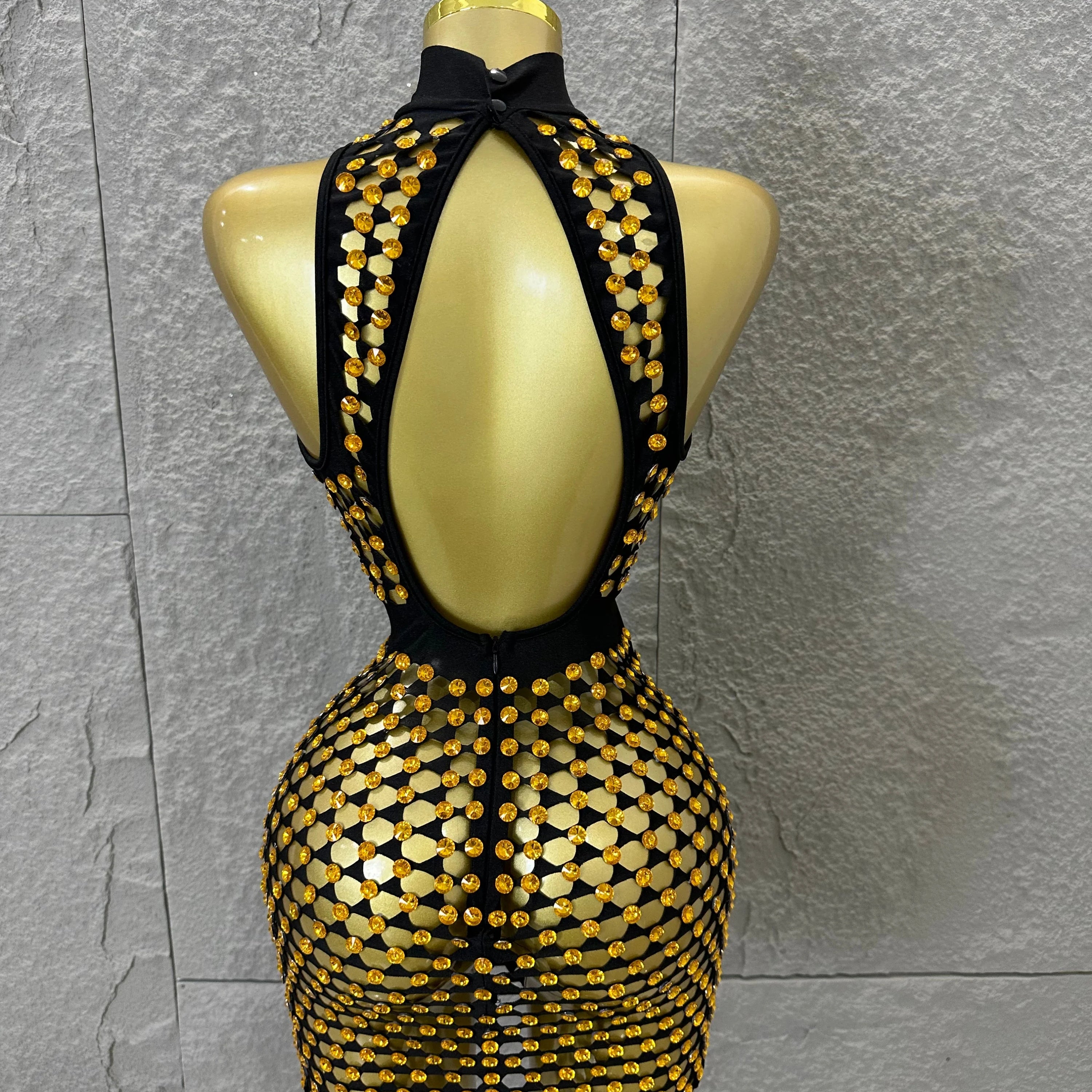 Luxury 2026 Glamorous Black Mesh Halter Mini Dress Sparkle Rhinestone Gold Silver Bead Bodycon Bar Stage Performance Costume