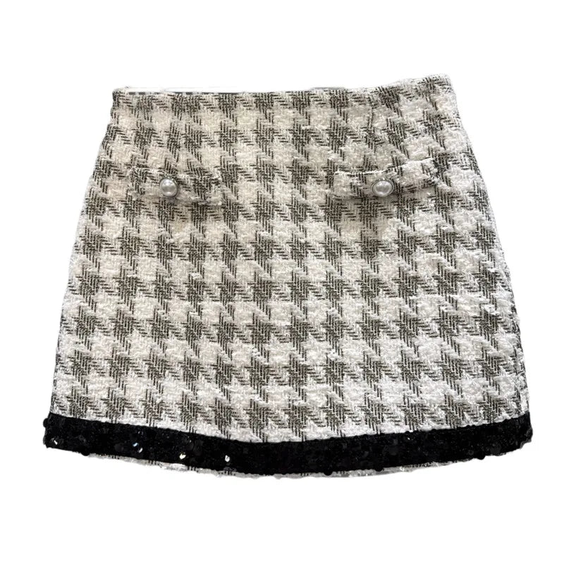 Winter New Fashion Style Sequin Edge Plaid Tweed Short Skirt For Women High Waist Wrapped Hip A-line Skirts 11A07804