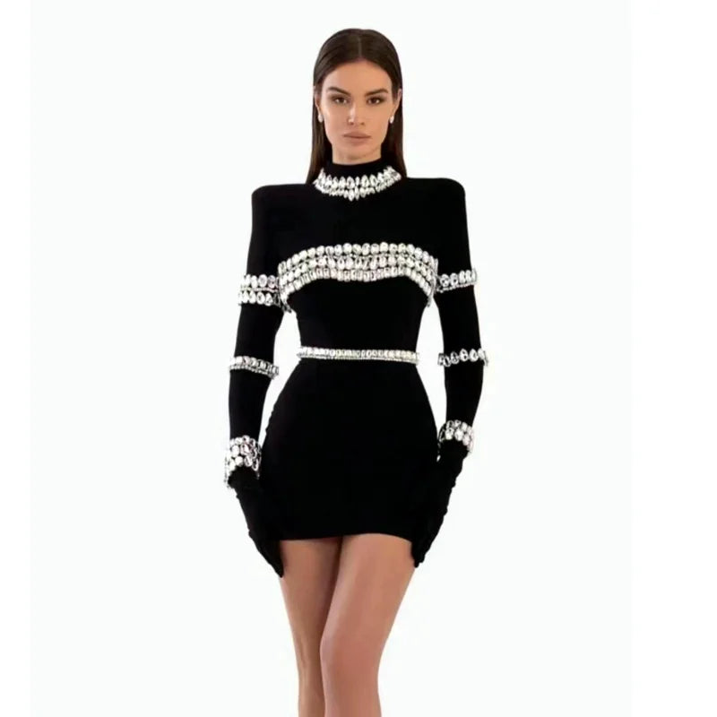 STOCK New Winter Sparkling Diamonds Half High Collar Black Mini Bandage Dress Fashion Woman Evening Party Outfit black