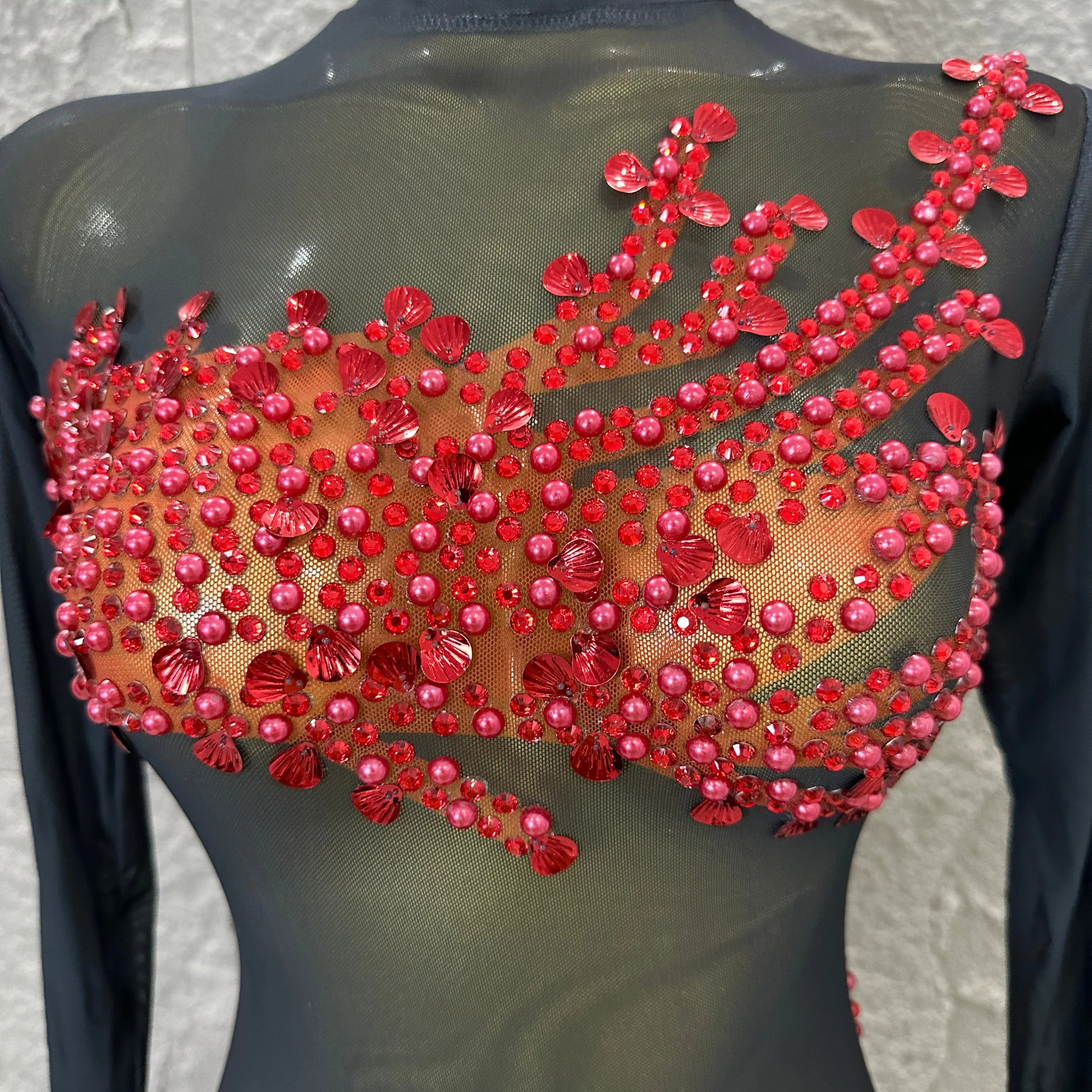 Sexy 2026 Black Sheer Mesh Maxi Dress Women Long Sleeve High Neck Red Rhinestone Embellished Bodycon Stage Costume