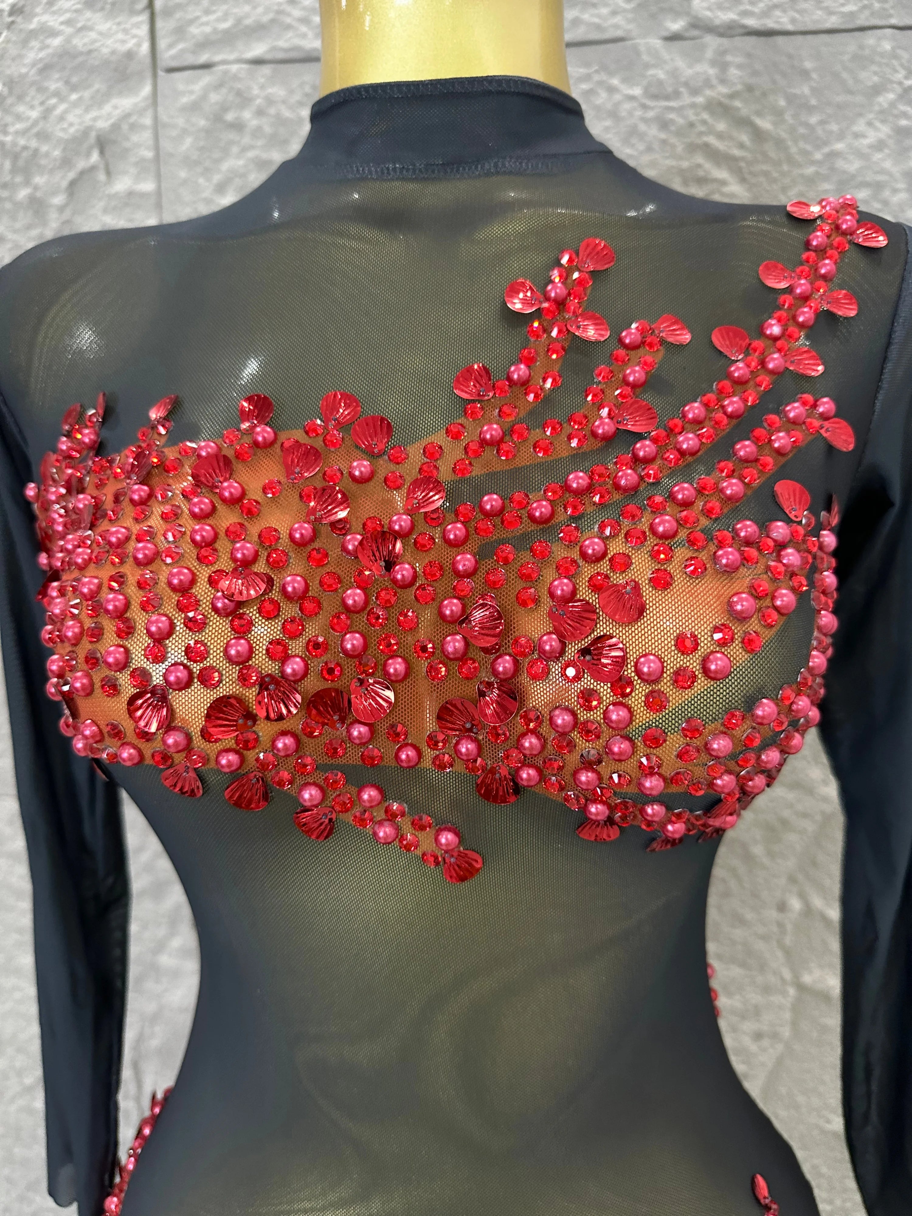 Sexy 2026 Black Sheer Mesh Maxi Dress Women Long Sleeve High Neck Red Rhinestone Embellished Bodycon Stage Costume