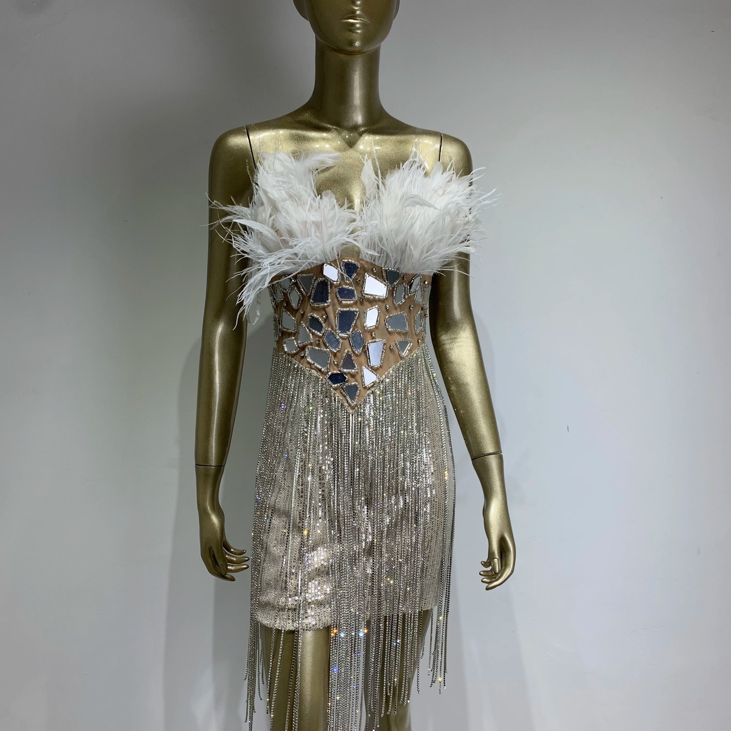 Women Summer Sexy Strapless Backless Mirror Feather Diamonds Sparkly Mini Bodycon Dress 2024 Elegant Evening Party Dress Vestido