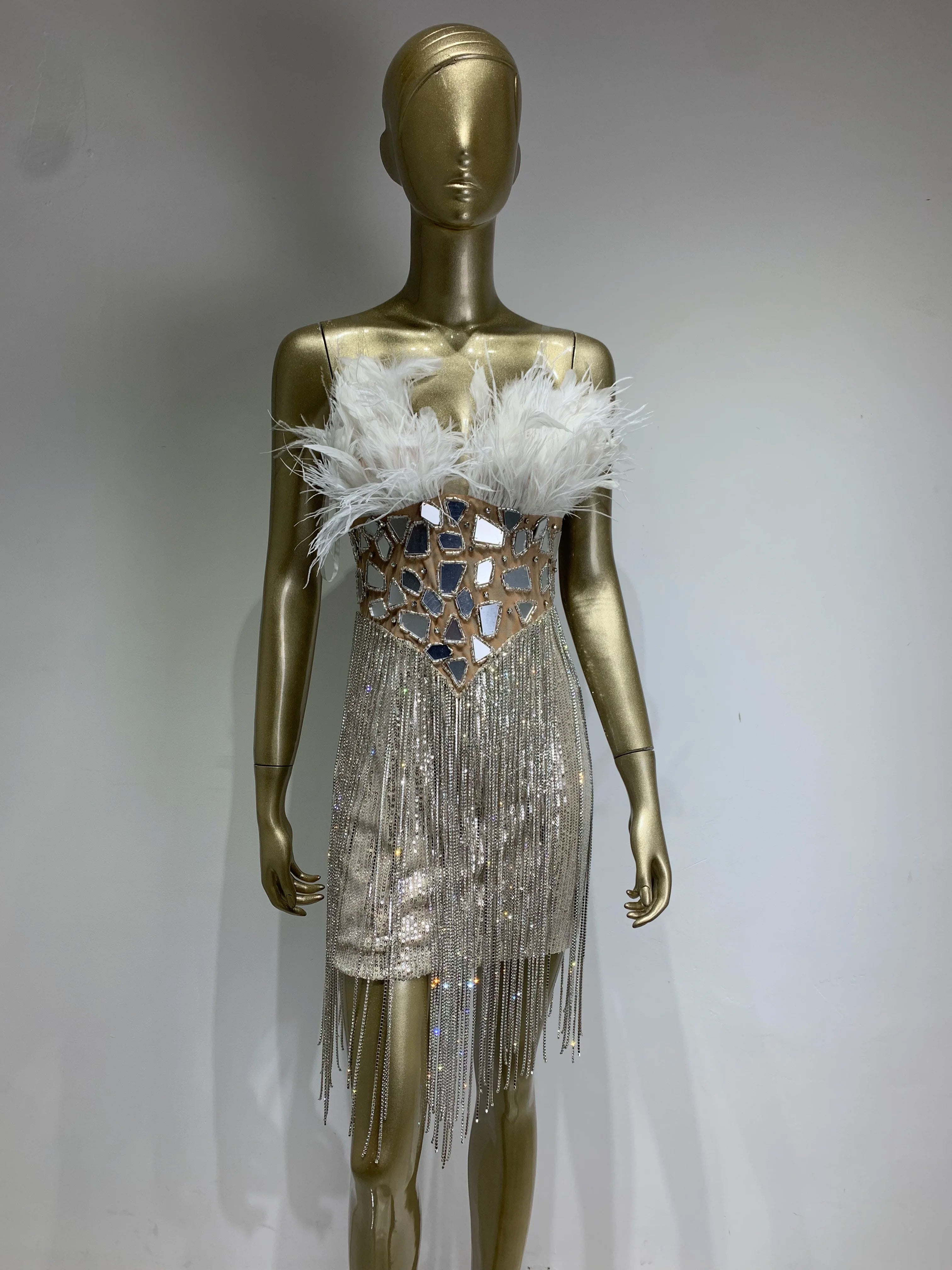 Women Summer Sexy Strapless Backless Mirror Feather Diamonds Sparkly Mini Bodycon Dress 2024 Elegant Evening Party Dress Vestido