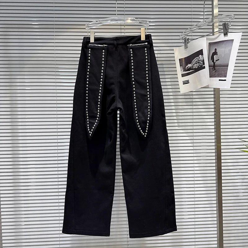 Winter New Trendy Fashion Back Pocket Metal Rivet Fleece Lined Trousers For Women Straight-leg Casual Pants 11A07858 Black