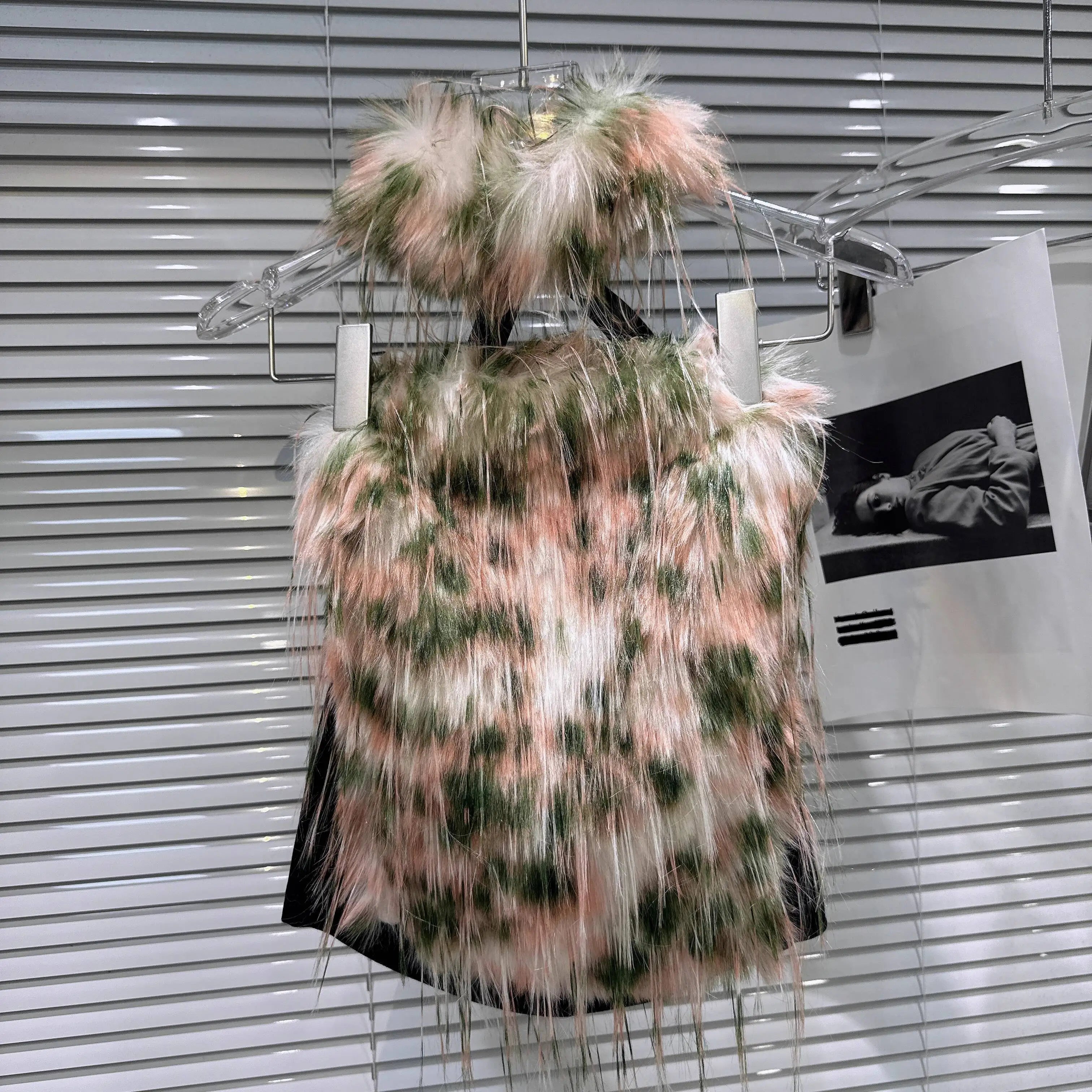 Winter New Fashion Leopard Print Contrast Color Fur Patchwork Backless Camisole For Women Halter Neck Vest 11A07607 Green Leopard One Size