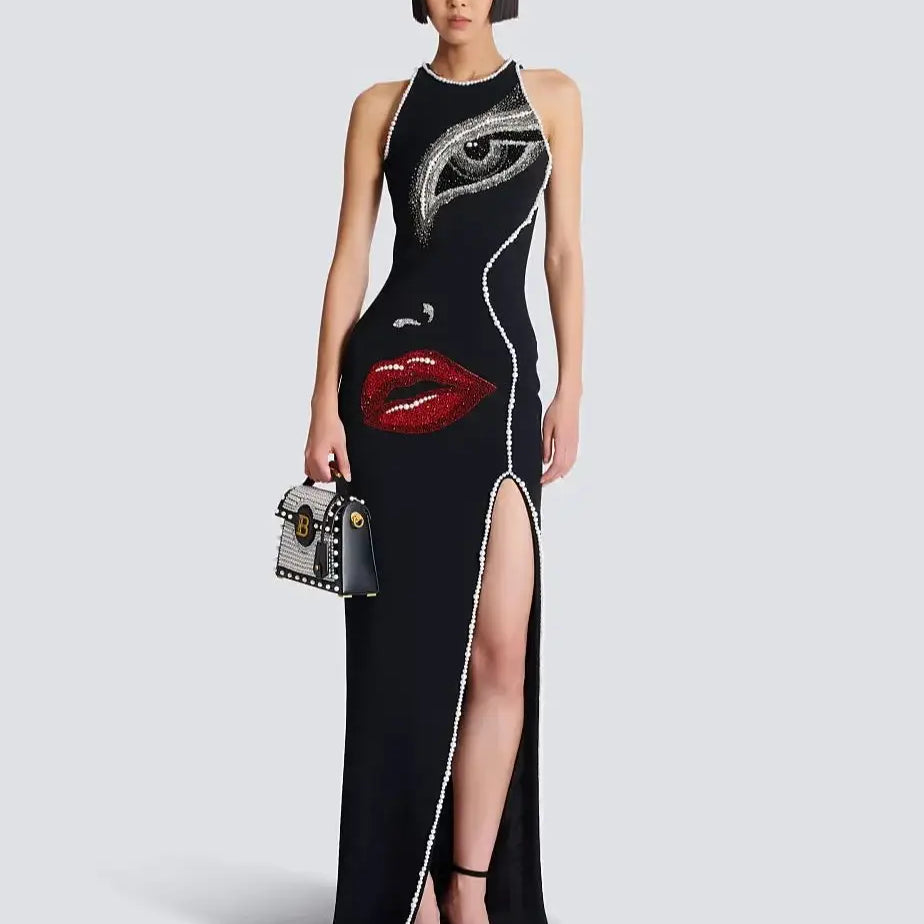 Big Eyes And Red Lips Patterned Diamonds High Slit Black Long Dress Woman Birthday Party Vestido Celebrity Party Outfit black