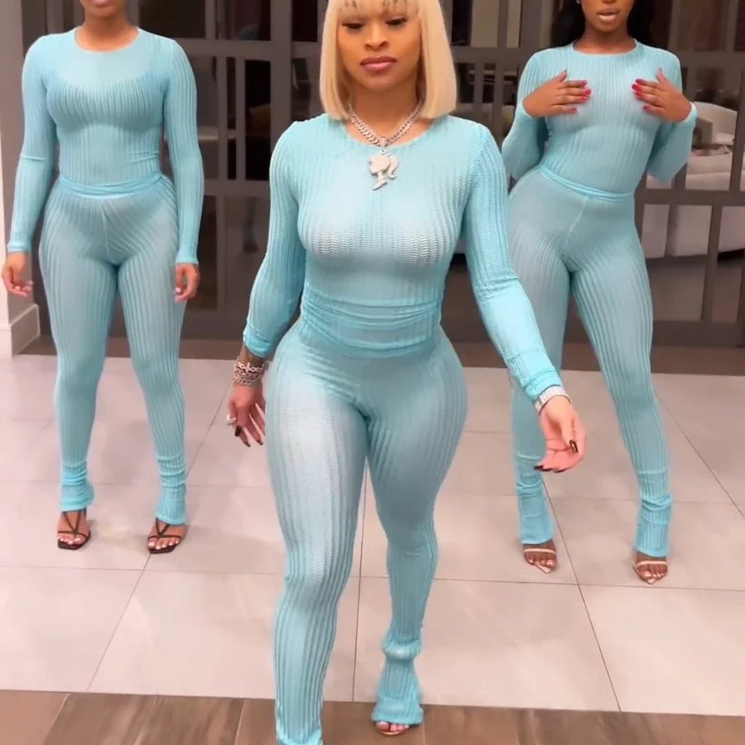 CM.YAYA Fashion See Though Women's Set Long Sleeve T-shirt and Flare Pants 2024 Active Street Two 2 Piece Sets Outfits Tracksuit