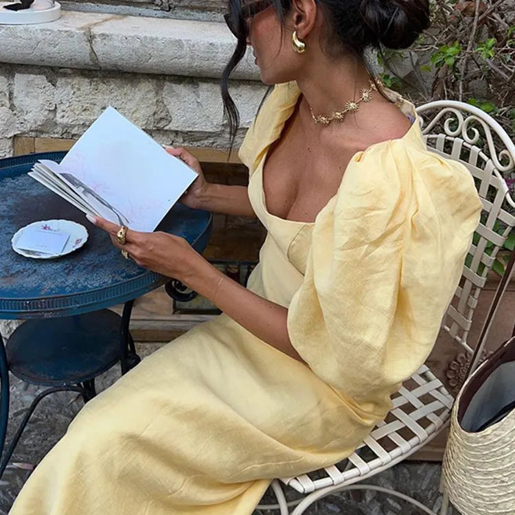 Hollow Square Neck Puff Sleeve Long Dresses Fashion Slim Fit Solid Color Women's Dress Lady Summer Casual Street Vestidos