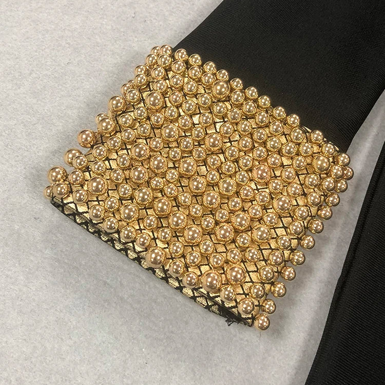 Winter Black Women Long Sleeve Sexy Golden Beading Bodycon Bandage Maxi Runway Cocktail Celebrity Evening Club Party Dress