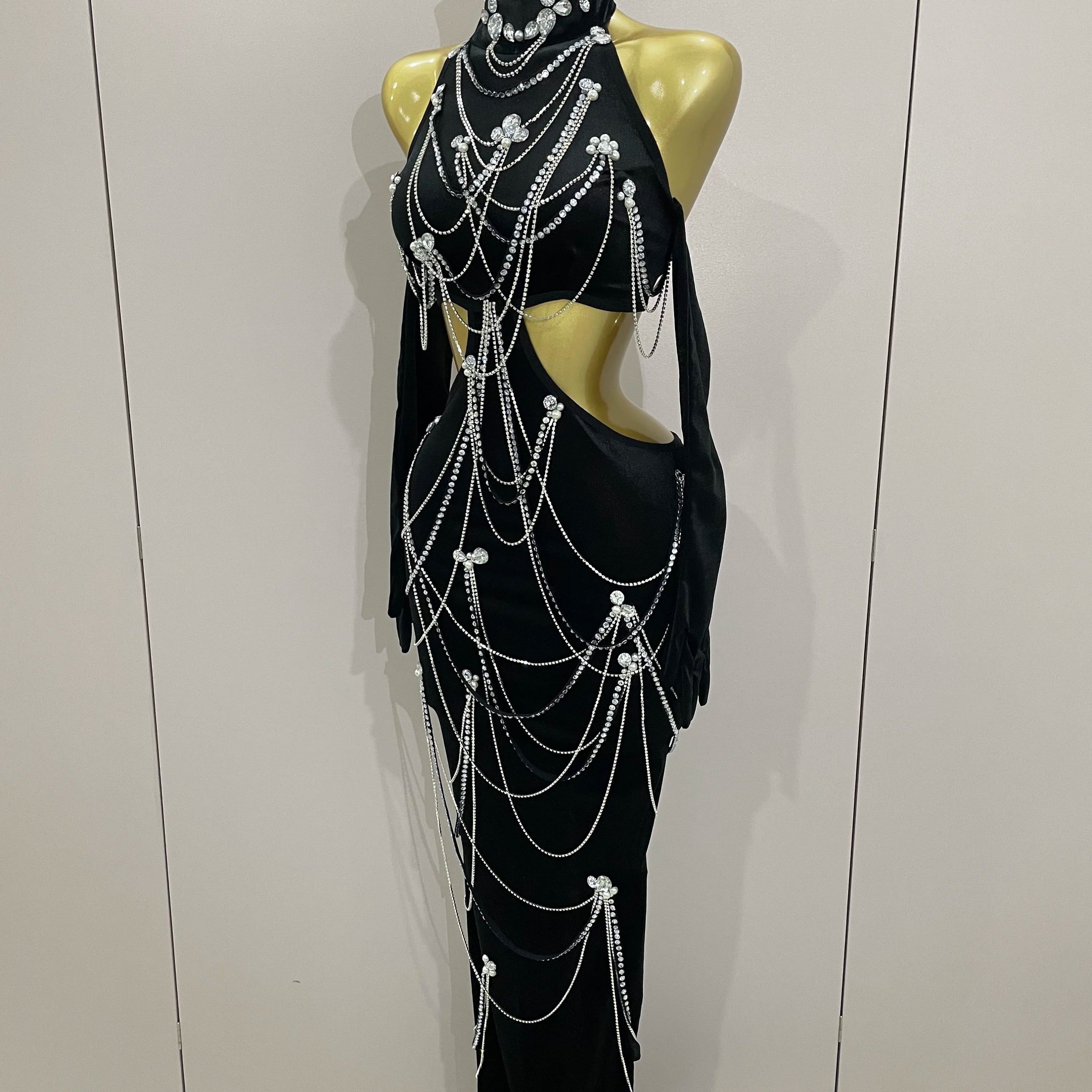 2025 Women Sparkly Diamonds Tassels Chain Balck Sexy Halter Backless Long Dress Evening Birthday Party Celebrate Stage Costume