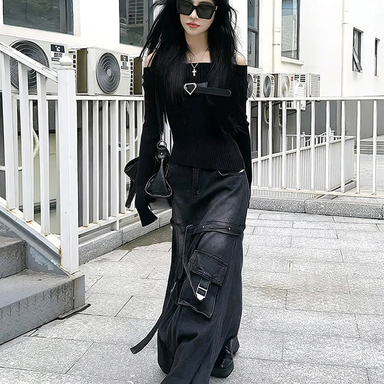 Black Denim Skirt Thin Office Lady Vintage Fashion Pockets Autumn Winter High Waist A-Line Skirt New Design Gothic