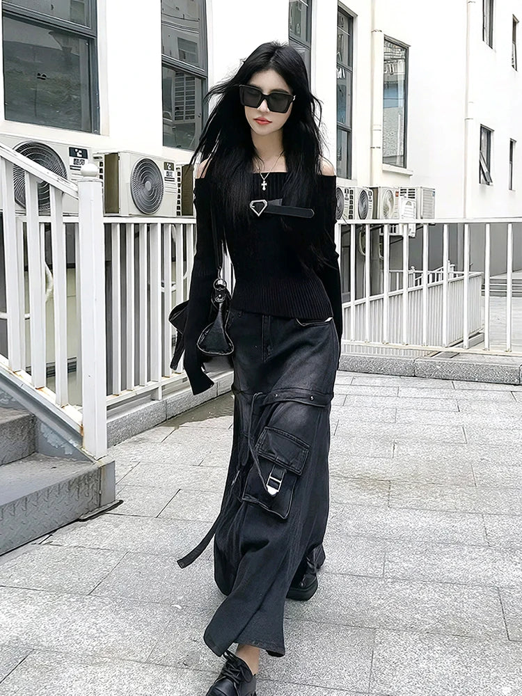 Black Denim Skirt Thin Office Lady Vintage Fashion Pockets Autumn Winter High Waist A-Line Skirt New Design Gothic