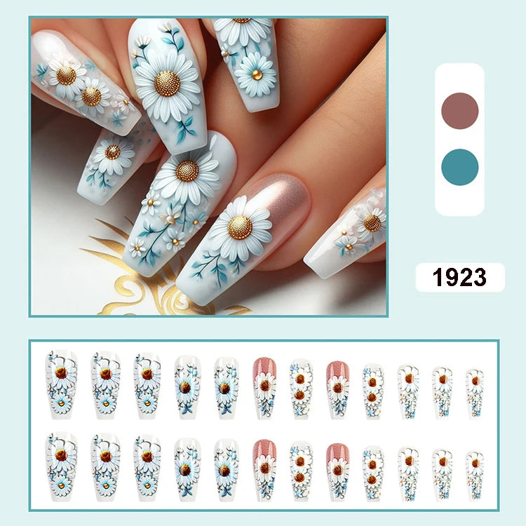 24pcs/set Meduim long fake nails for women peach flowers heart for Spring summer Square faux ongles press on false nail art tips 1923