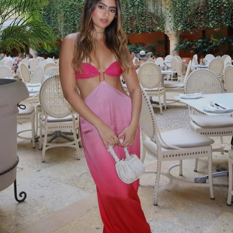 Fashion Gradient Hollow Out Long Dress Women Elegant Cut Out Satin Off Shoulder Dresses New Summer Lady High Street Party Robes