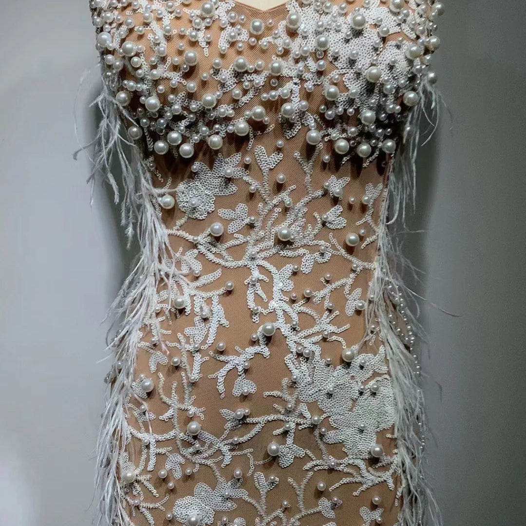 Gorgeous Feathers Beading Spaghetti Strap Bodycon Long Dress Woman Evening Dress Celebrity Birthday Party Outfit