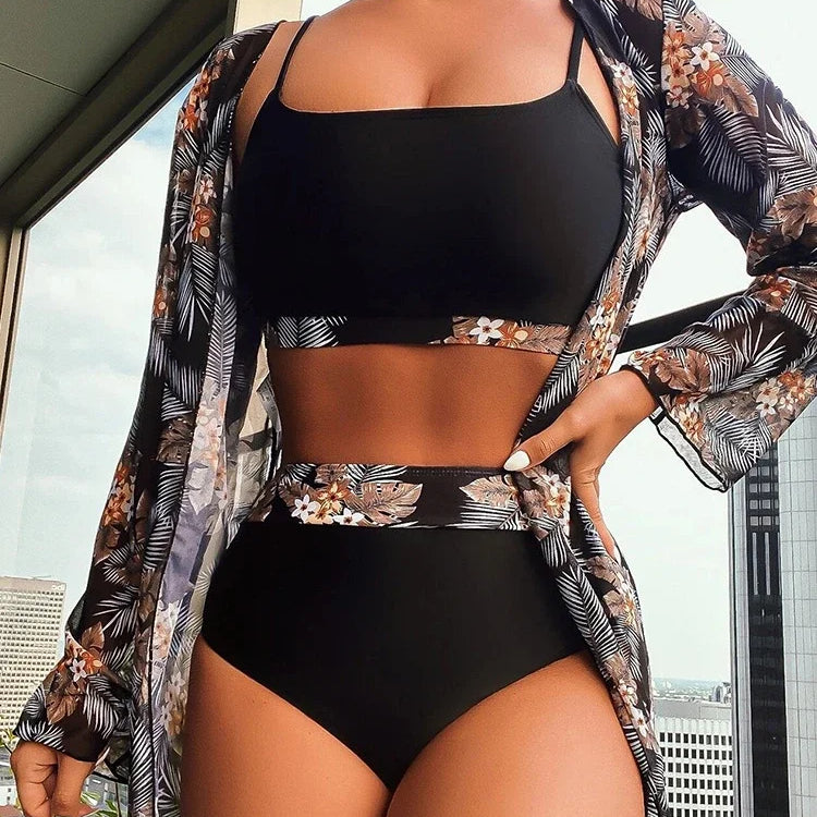 New 3 Pieces Set High Waist Bikini Women Swimsuit&Kimono Bandeau Swimwear Sexy Cover Ups Floral Beachwear Bathing Suit black