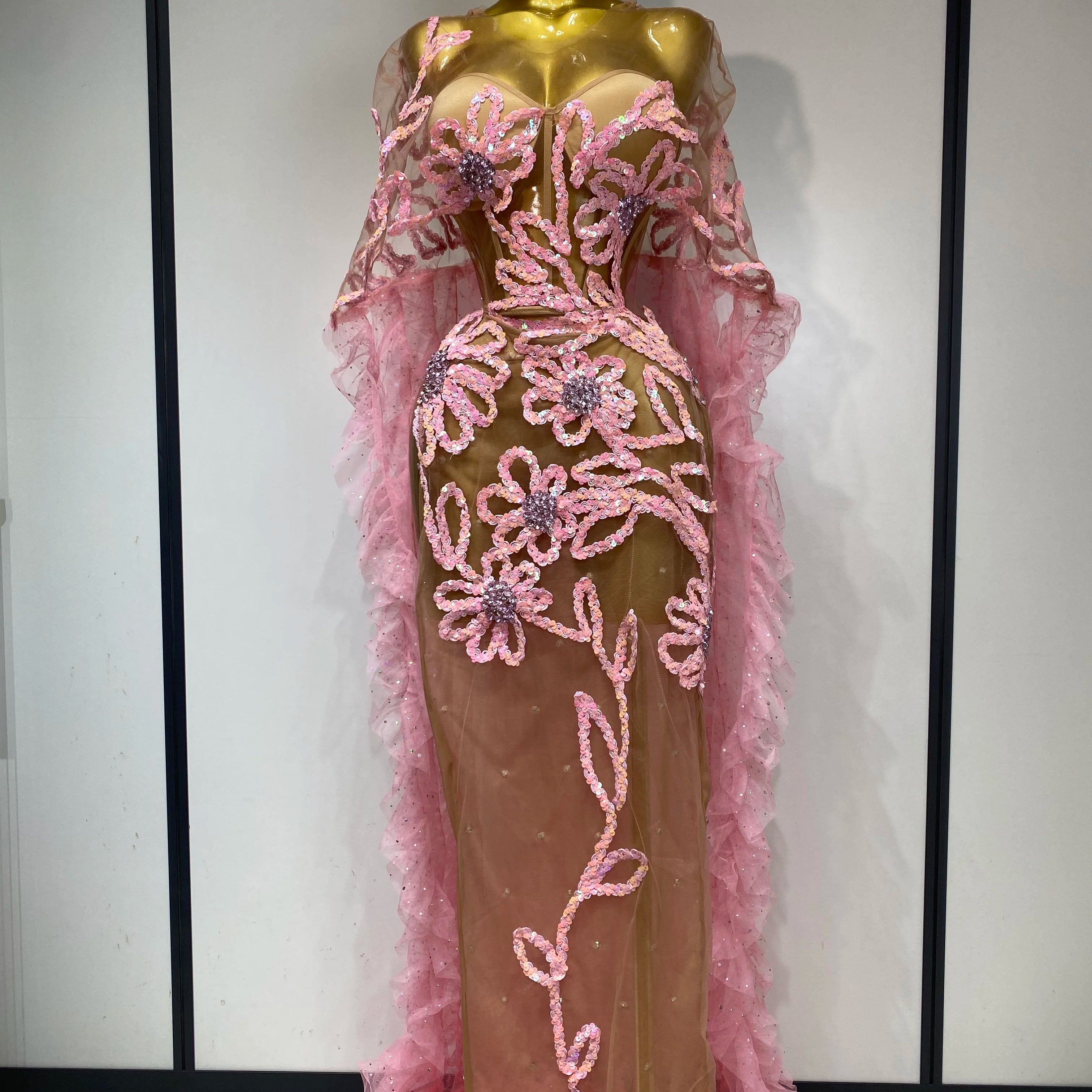 Women Sexy Mesh See Through Sequins Pink Maxi Long Dress Sparkly Sequin Evening Party Costume Stage Performance Birthday Dress Pink