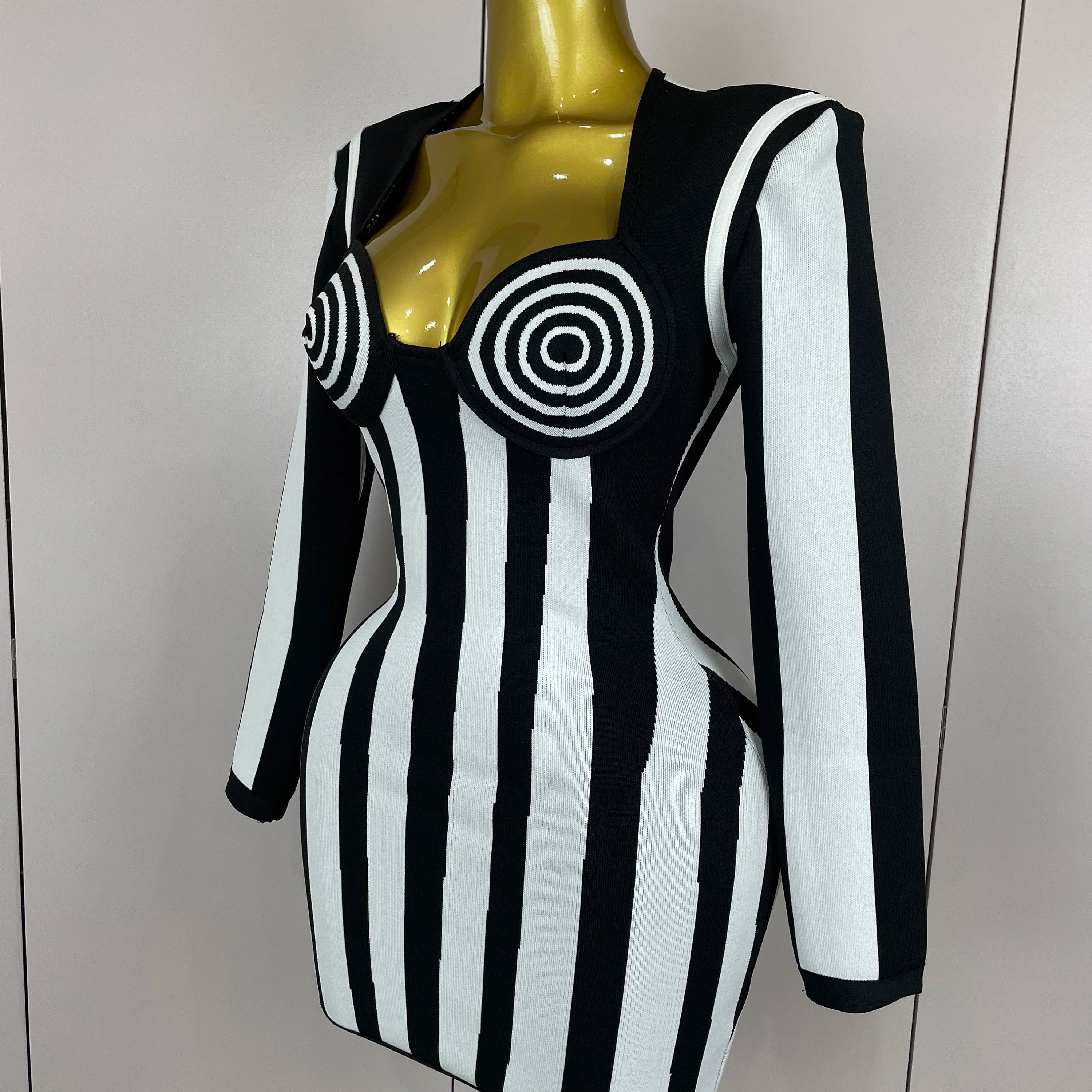 2025 Luxury Sexy Long Sleeve Stripe Black White Mini Bandage Dress Women Knitted Celebrity Elegant Evening Club Birthday Dresses