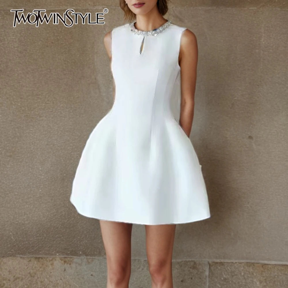 Solid Slimming Spliced Bead Elegant Dresses for Women Round Neck Sleeveless Hollow Out Patchwork Folds Dress Female