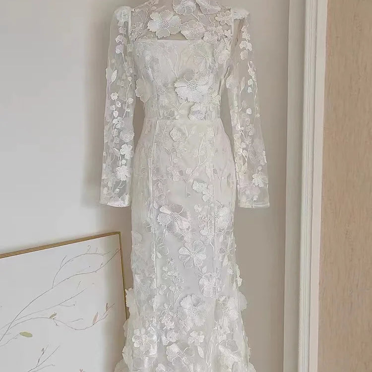 JAMERARY Runway Spring/Summer New Mesh 3D Flower Embroidery Perspective Evening Prom Dress Women Holiday Robe Vestido Party white longsleeve