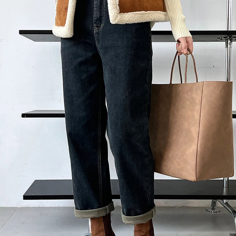 Winter Winter Thick Warm Jeans For Women Solid High Waist Straight Denim Pants Vintage Female Clothing