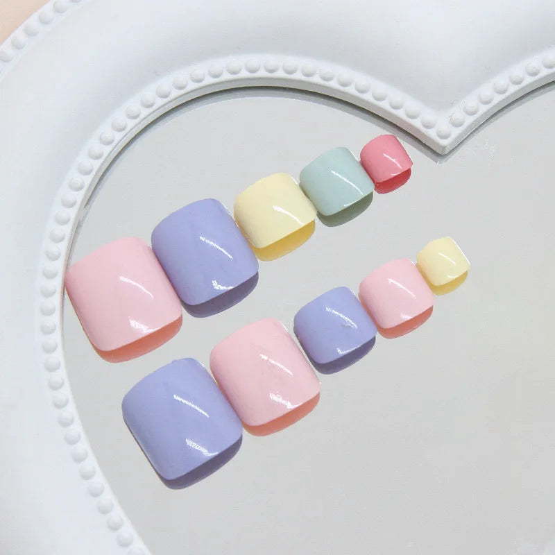 24pcs Summer Color False Toenails Purple Pink Sweet Korean Fake Toe Nails Wearable Detachable Square Head Press on Toenails