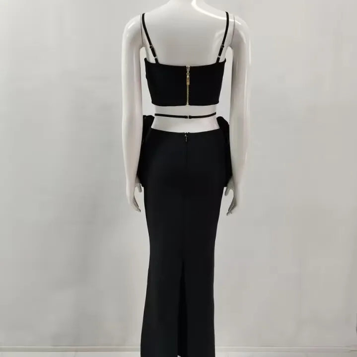 Black White Color Women Sexy Sleeveless V-Neck Bodycon 2 Pieces Bandage Long Dress Florals Celebrate Nightclub Party Outfit