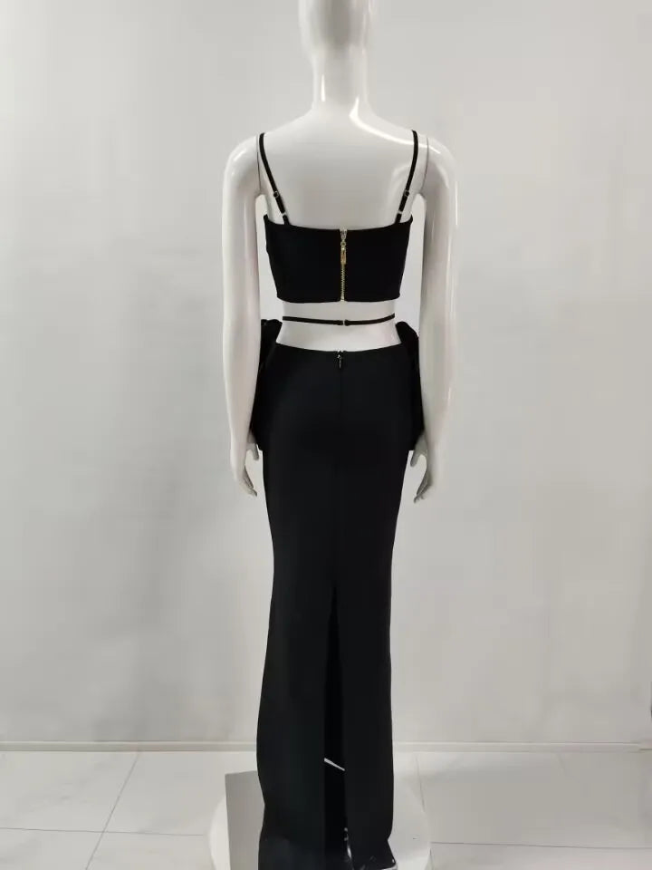 Black White Color Women Sexy Sleeveless V-Neck Bodycon 2 Pieces Bandage Long Dress Florals Celebrate Nightclub Party Outfit