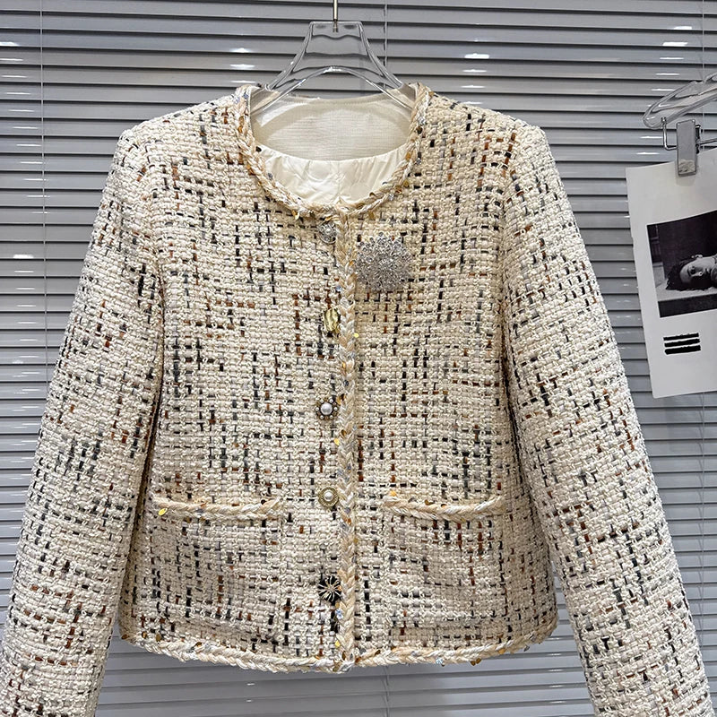 Winter New Fashion Rhinestone Brooch Knitted Tweed Cotton Jacket For Women Elegant Short Coat Female Trendy 11A07869