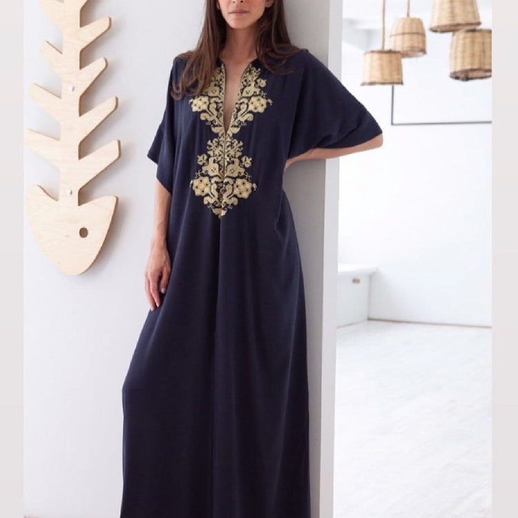 Vintage Embroidery Kaftan Sexy V-neck Batwing Sleeve High Waist Maxi Dress Tunic Women Clothing Summer Beach Dresses Q660 Q1335 One Size