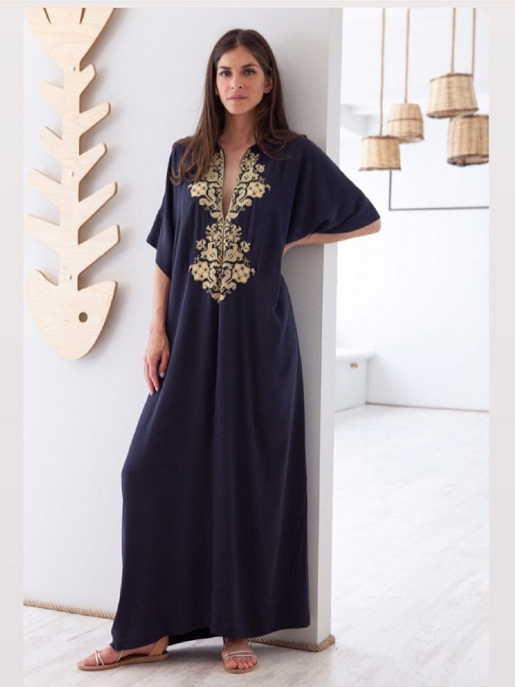 Vintage Embroidery Kaftan Sexy V-neck Batwing Sleeve High Waist Maxi Dress Tunic Women Clothing Summer Beach Dresses Q660 Q1335 One Size