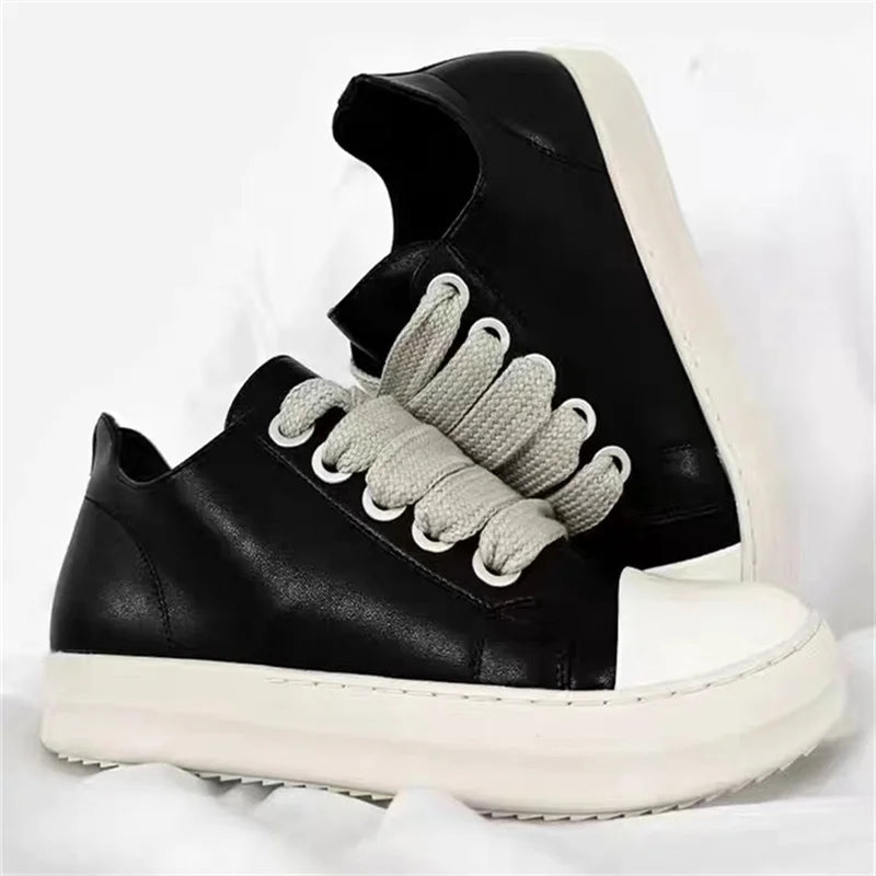 Men's Women Platform Sneakers Black Leather Zipper Lace Up Casual Shoes Thick Bottom Sneakers Large Size Chaussure Femme 2025