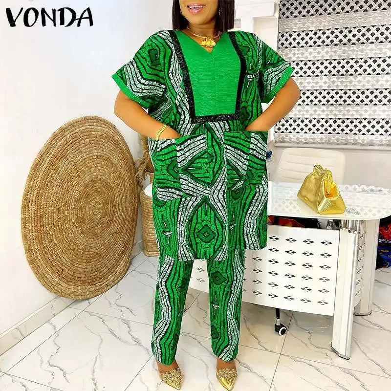 Plus Size 5XL Women Sets Summer Printing Loungewear Pants Sets VONDA 2024 Vintage Short Sleeve Tops Loose Pants Suits Two Piece green