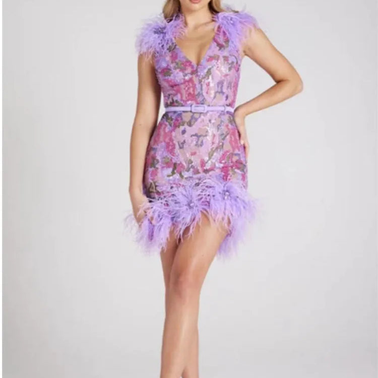 Light Purple Color Women Sleeveless Sexy V-Neck Bodycon Mini Dress Sequins Feathers Celebrate Birthday Party Cocktail Dress Lavender