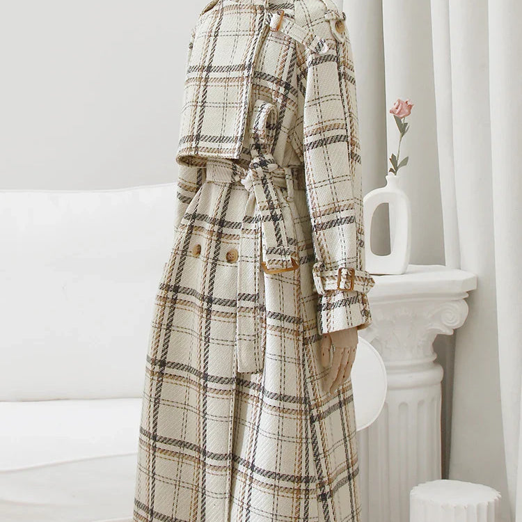 Autumn Winter Long Loose Warm Plaid Wool Blends Trench Coat for Women Raglan Sleeve Belt Double Breasted Woolen Overcoat White