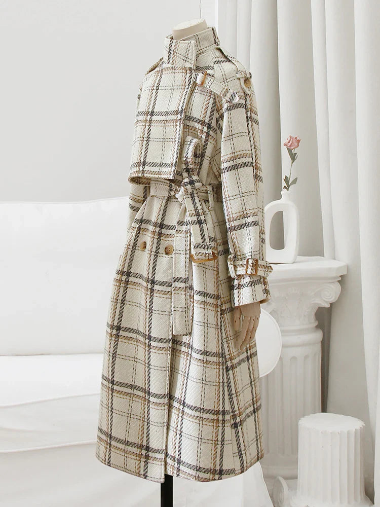 Autumn Winter Long Loose Warm Plaid Wool Blends Trench Coat for Women Raglan Sleeve Belt Double Breasted Woolen Overcoat White