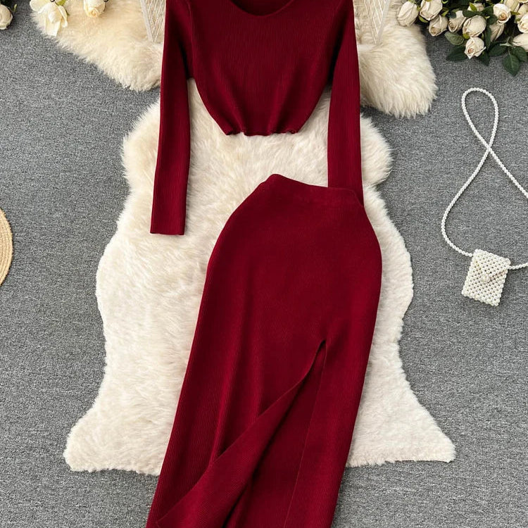 SINGREINY Autumn Sweater Two Pieces Suits Long Sleeves Knit Top+ Elatic Waist Slim Split Long Skirt Sets Women Warm Knitted Suit red One Size