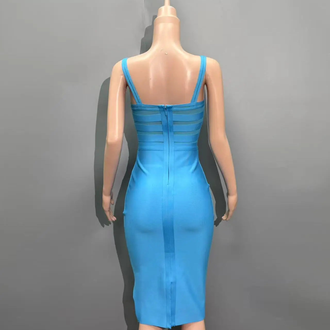 Skyblue Color Women Sleeveless Sexy Strap V-Neck Mesh Bodycon Mini Bandage Dress Nightclub Party Celebrate Evening Outfit